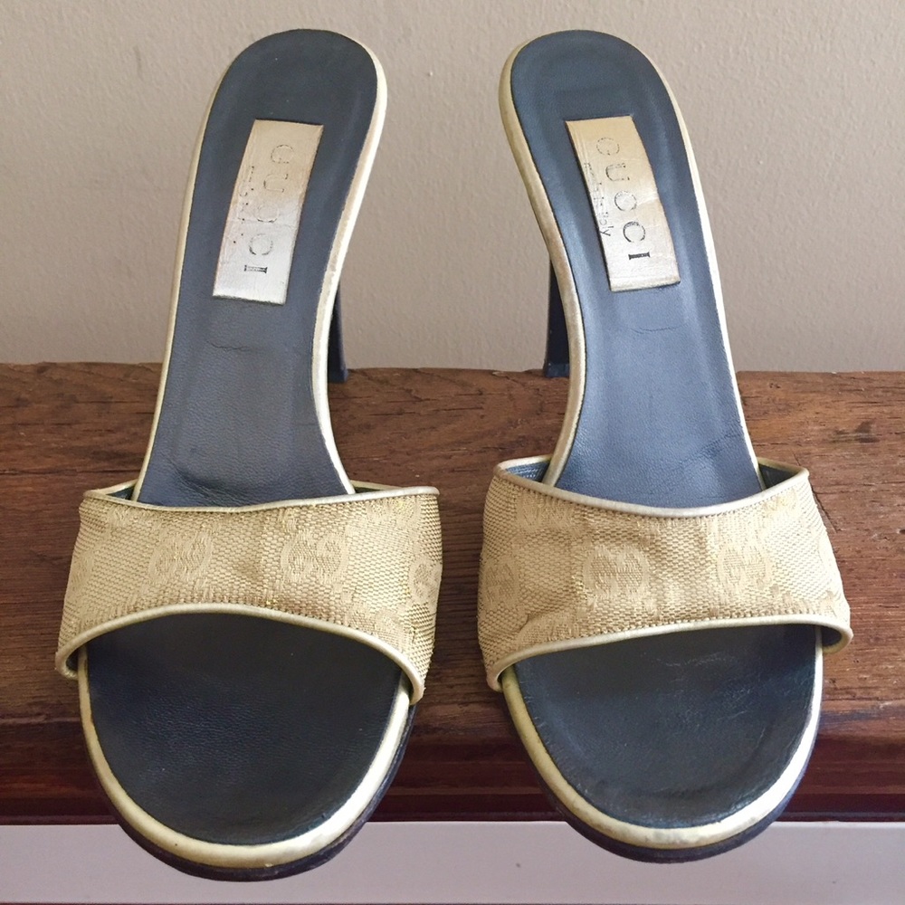 Vintage Gucci Gold Canvas Logo Mules